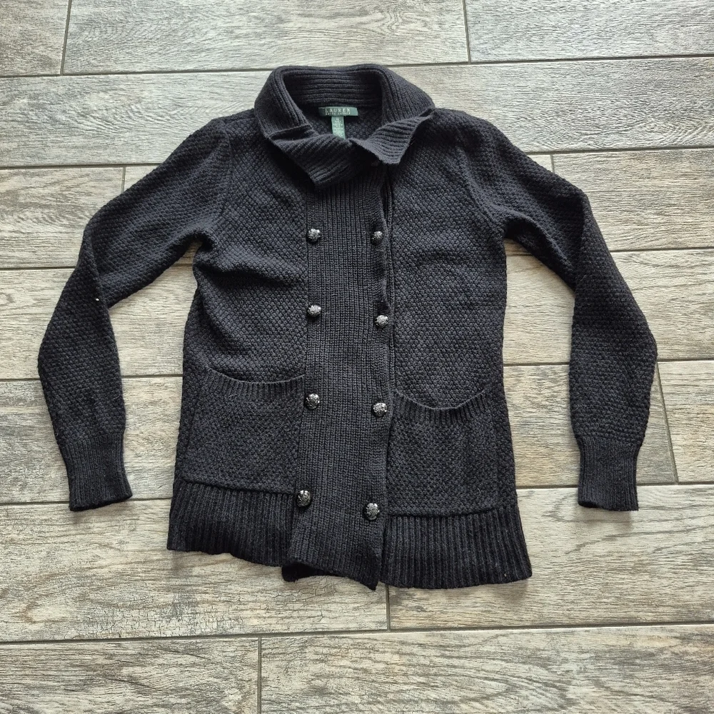 Lauren Ralph Lauren Black Wool Blend Double Breasted Cardigan Sweater Size M